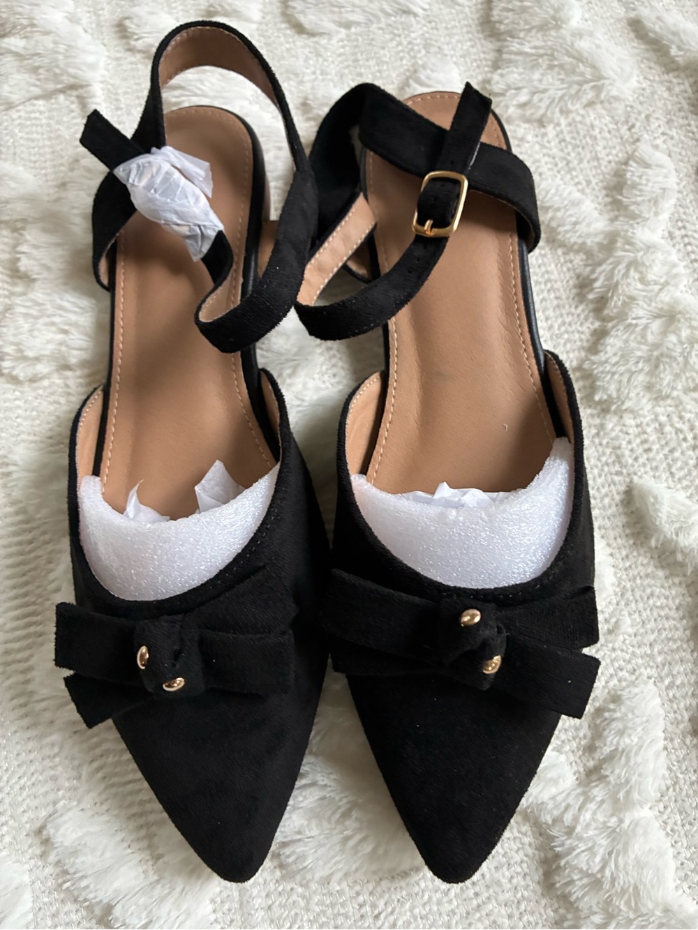 Pointed Toe Black Suede Slingback Flats with Bow